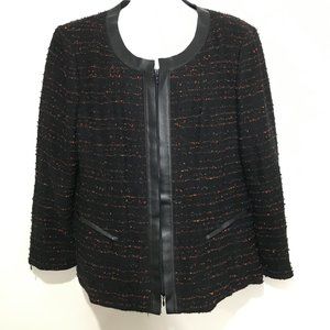 Lafayette 148 NY 16 Black Orange Boucle Wool Blend Zip Jacket Leather Trim